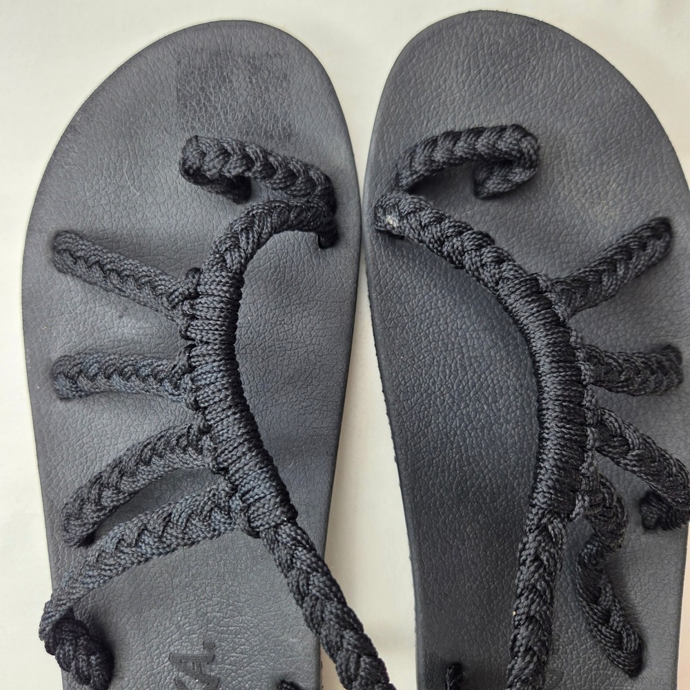 Plaka Seashell Black Woven Rope Strappy Slide Sandals Womens Size 9 Hand-Woven - Picture 3 of 6